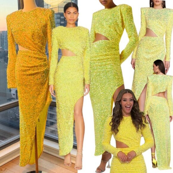 🆕 BRONX & BANCO 🧿 NWOT Ricky Asymmetrical Sequins Gown, Lemon - Sz M US 6 - Picture 1 of 16